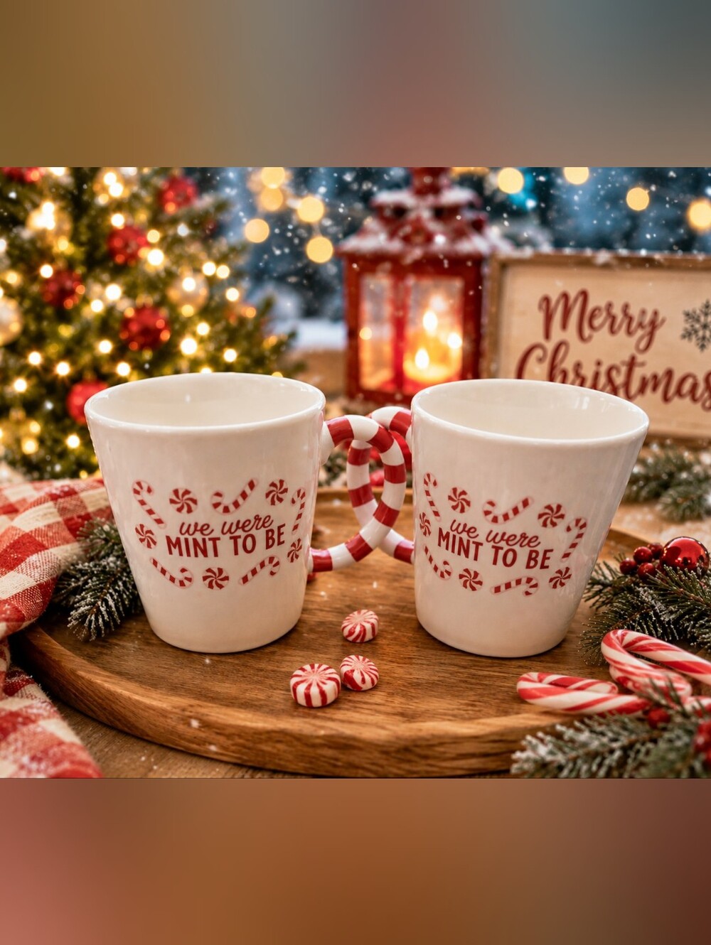 Holiday Candy Cane Handle Mug Set - White and Red